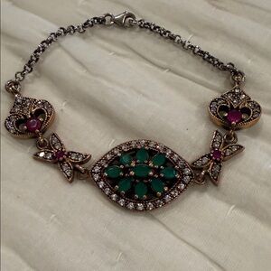 Silver -Copper Bracelet with Emerald Green and Pink Stone Accents